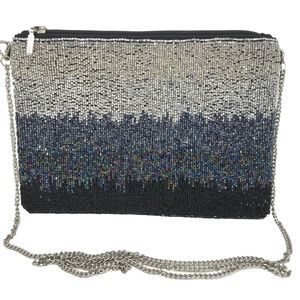 Navy Gray Ombre Beaded Sequin Evening Crossbody Handbag with Chain Strap